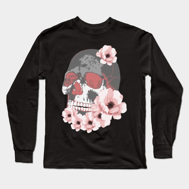 Skull with Flowers Long Sleeve T-Shirt by Scailaret